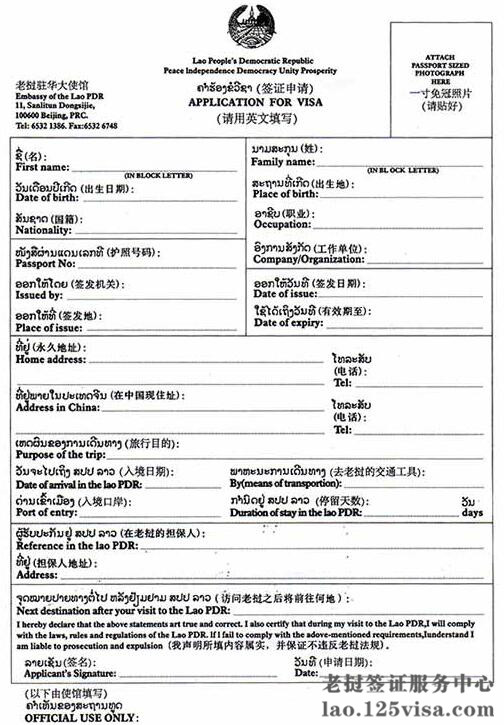 老挝签证申请表样图